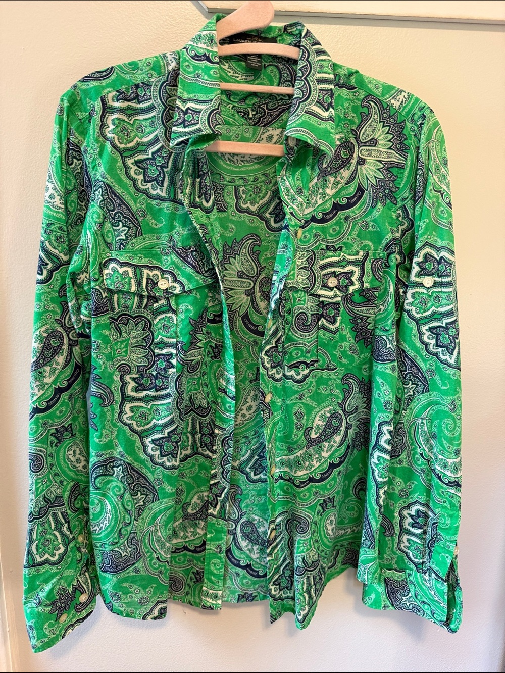 Lauren Ralph Lauren Green Paisley Button Down Blouse Women’s Small LRL
